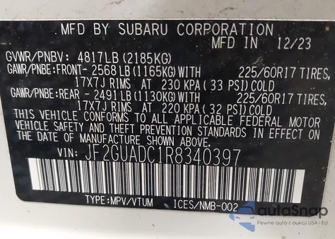 2024 Subaru Crosstrek Premium from USA, damaged, VIN JF2GUADC1R8340397
